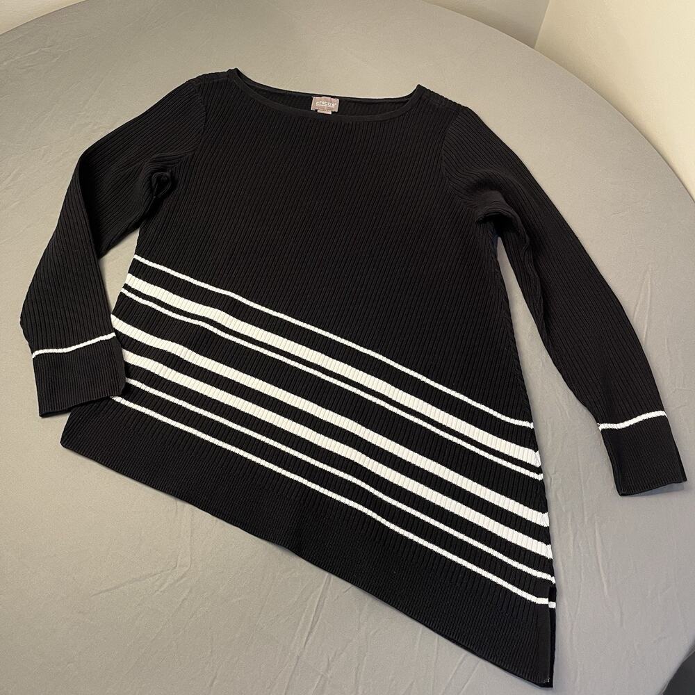 Chicos Sweater 1 Medium Black Striped Asymmetric Hem Tunic Ribbed Knit Cotton